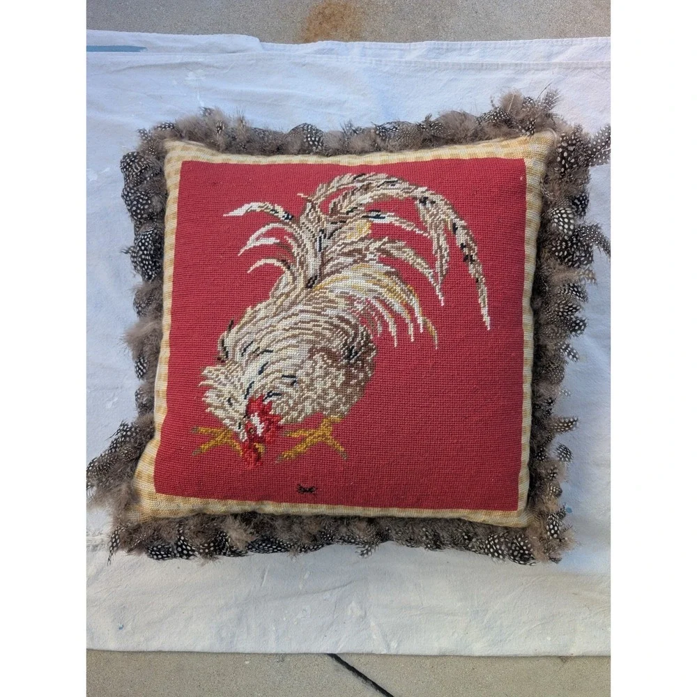 Square Needlepoint Chicken Rooster Pillow Trimmed In Real Feathers Farmhouse